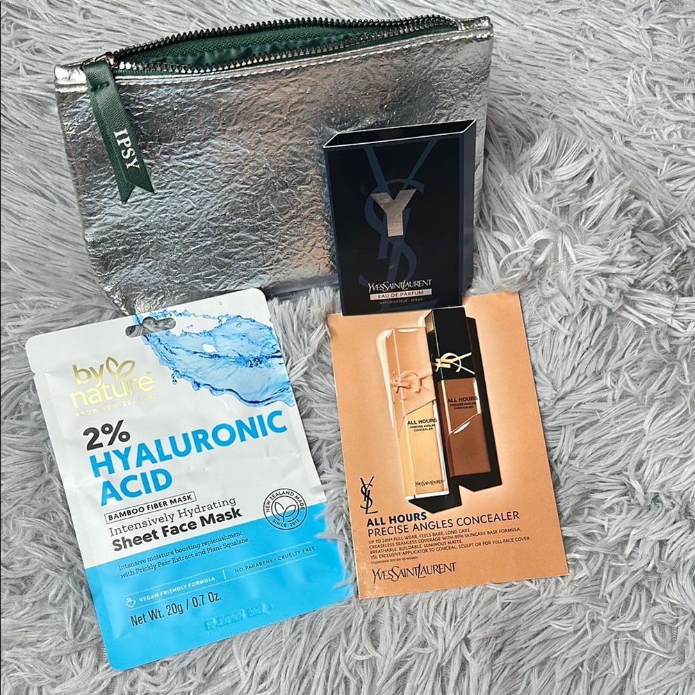 Yves Saint Laurent Beauty Set in Ipsy Silver Pouch & Hyaluronic Acid Face Mask